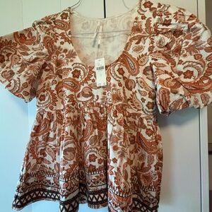 Anthropologie Rust Paisley Puff Sleeve Blouse